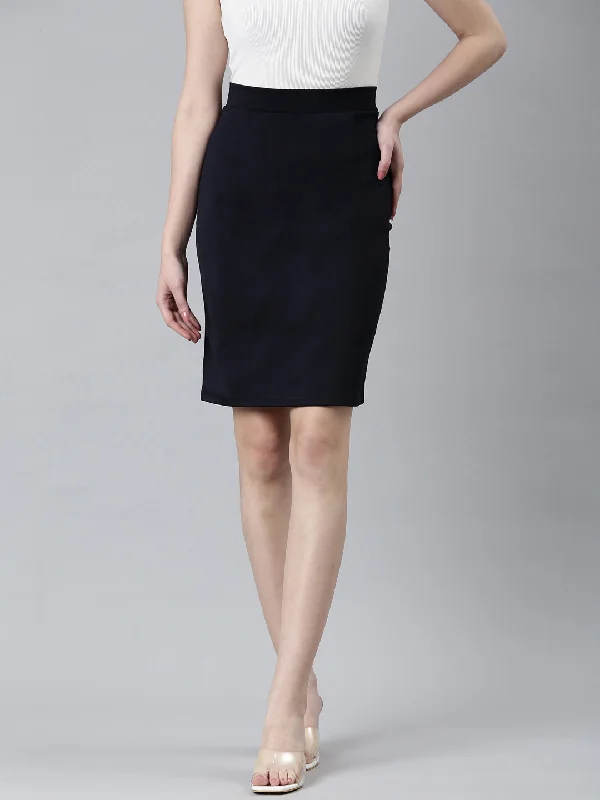 Women Navy Blue Solid Pencil Skirt Classic Women's Tweed