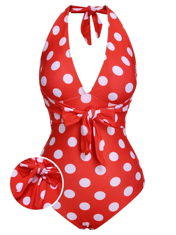1930s Halter Lace-Up Polka Dots One-Piece Swimsuit Traditional Women's 