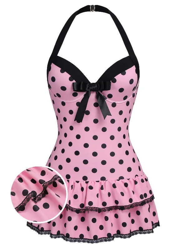 [Plus Size] Pink 1940s Polka Dots Hater Swimsuit Dapper Women's 1920S