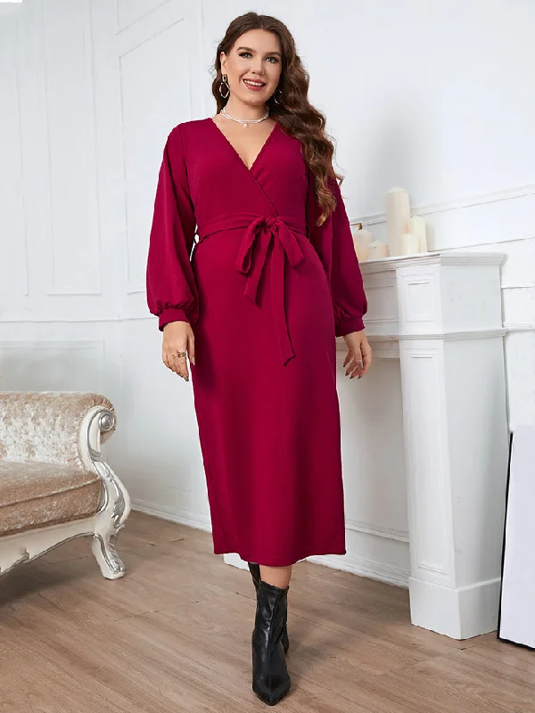 Plus Size Surplice Neck Tie Waist Dress Trendy Women's 