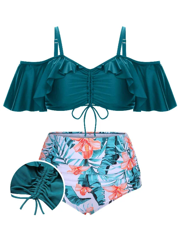 [Plus Size] Green 1950s Strap Floral Ruffles Swimsuit Artistic Women's Avant - 