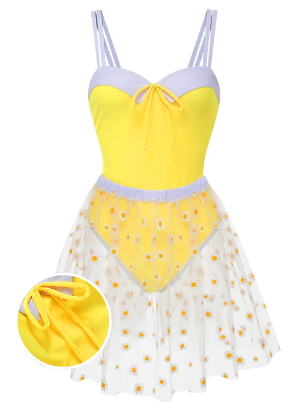 Yellow 1950s Suspender Swimsuit & Daisy Cover-Up Monochromatic Office Style