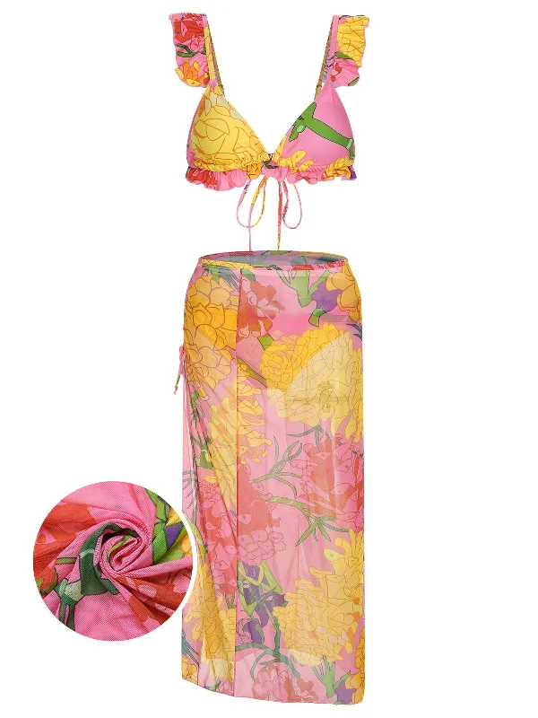 3PCS 1950s Pink Floral Swimsuit Set Monochromatic All - in - one