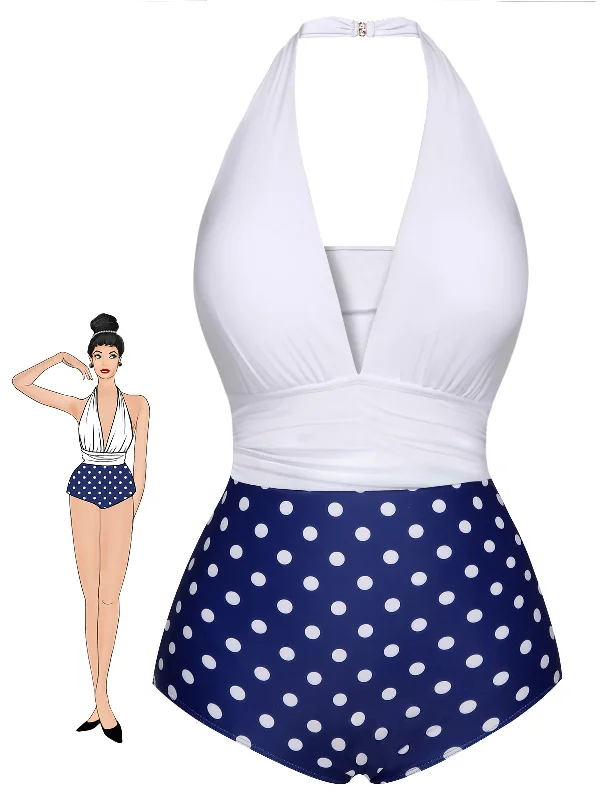 Blue & White 1950s Polka Dots Halter Swimsuit Dapper Women's 1920S
