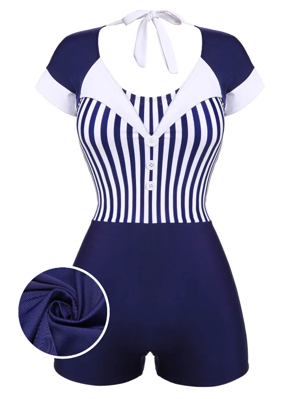 Navy Blue 1930s Stripe Patchwork Swimsuit Scandinavian