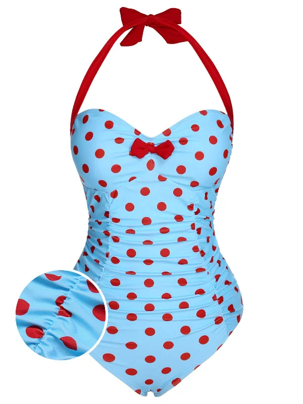 1940s Halter Contrast Polka Dots One-Piece Swimsuit Refined Women's Hand - crafted