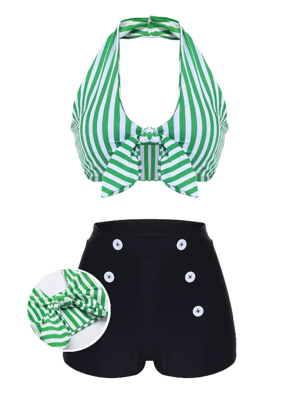 [Plus Size] Green 1950s Retro Halter Stripes Bikini Set Cool Women's Skate