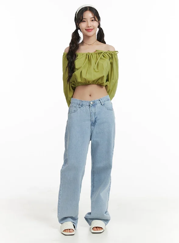 Washed Cotton Straight Jeans OM425 Youthful Women's Pop
