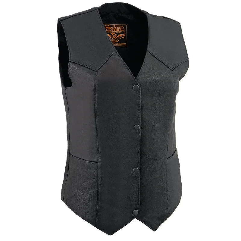 Milwaukee Leather MLL4545 Women's Black Premium Leather Lightweight Classic 4-Snap V-Neck Motorcycle Rider Vest Youthful Women's Anime - inspired Milwaukee Leather MLL4545 Women's Black Premium Leather Lightweight Classic 4-Snap V-Neck Motorcycle Rider Vest Youthful Women's Anime - inspired
