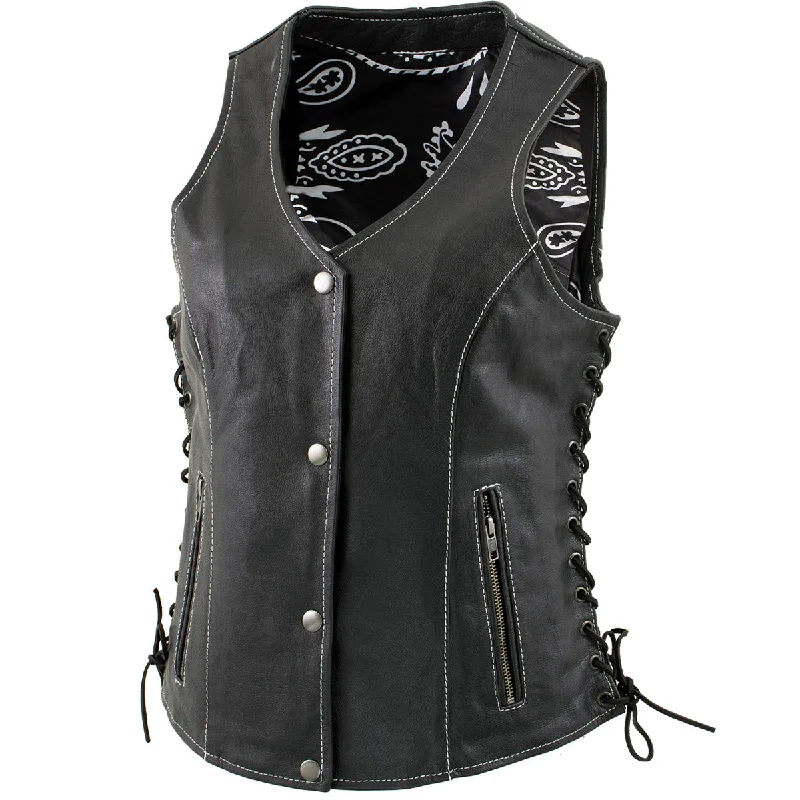 Xelement XS1029 Women's 'Paisley' Black Motorcycle Leather Vest with Side Lace Adjustment Sophisticated Women's 