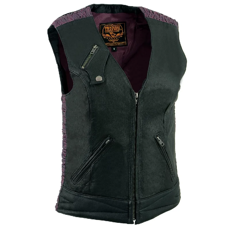 Milwaukee Leather MLL4571 Women's Black and Pink Lightweight Motorcycle Leather Vest w/ Crinkled Leather Design Disco Milwaukee Leather MLL4571 Women's Black and Pink Lightweight Motorcycle Leather Vest w/ Crinkled Leather Design Disco