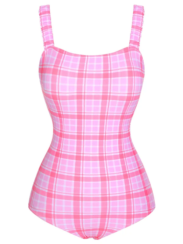 1950s Plaid Elastic Gathers One-Piece Swimsuit Geometric