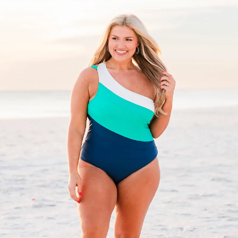 Lead Me To The Beach Swimsuit, Teal/Navy Feminine Women's Style 