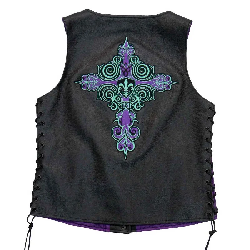 Hot Leathers VSL2001 Ladies Black 'Fleur De Lis Cross' Leather Vest Cashmere