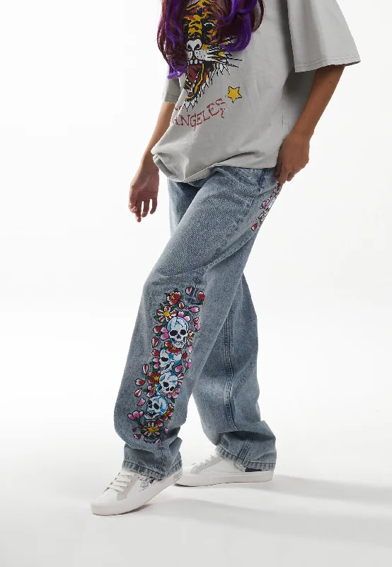 Womens Skull-Flower-Baggy Jeans - Bleach Refined Women's 