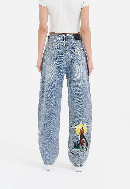 Womens Born-Wild Relaxed Fit Denim Trousers Jeans - Bleach Streetwear Style for 