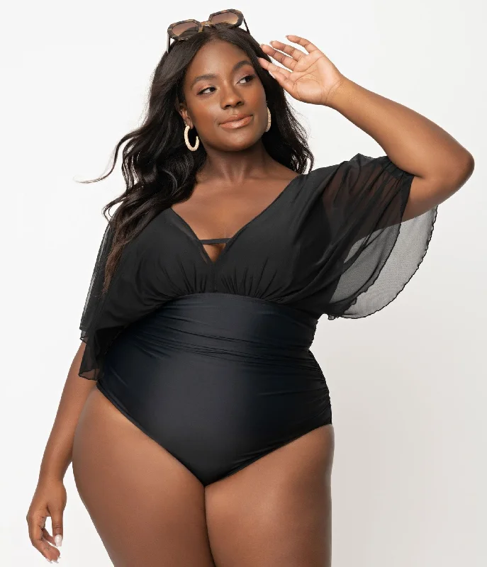 Unique Vintage Plus Size Black Mesh Sleeved Torrey Swimsuit Country