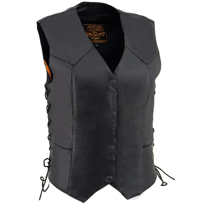 Milwaukee Leather SH1227L Women's Black Leather Side Laces Classic Western Motorcycle Rider Vest W/4-Snaps Closure French Milwaukee Leather SH1227L Women's Black Leather Side Laces Classic Western Motorcycle Rider Vest W/4-Snaps Closure French
