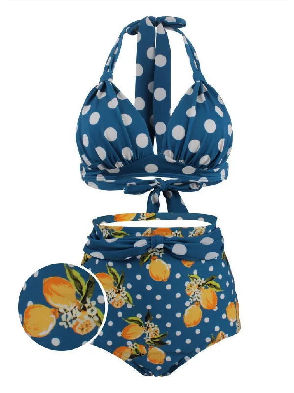 1950s Lemon Polka Dot Halter Bikini Vintage Women's 1970S 