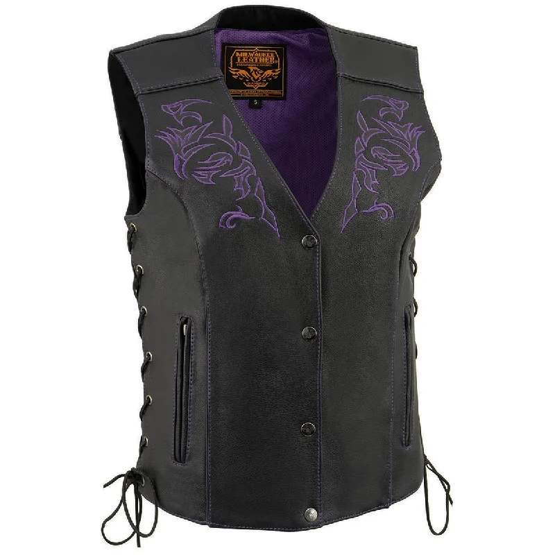 Milwaukee Leather ML1296 Women's Black/Purple Leather Side Laced Motorcycle Vest w/ Reflective Tribal Cool Women's Distressed Milwaukee Leather ML1296 Women's Black/Purple Leather Side Laced Motorcycle Vest w/ Reflective Tribal Cool Women's Distressed