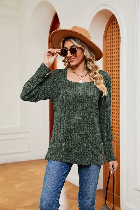 Decorative Button Slit Square Neck Top Hip Women's Retro