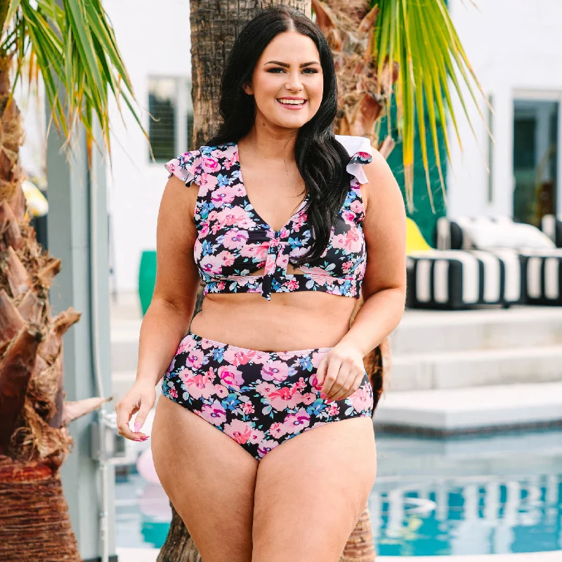Island Getaway Swim Top, Black Floral Edgy Women's Punk