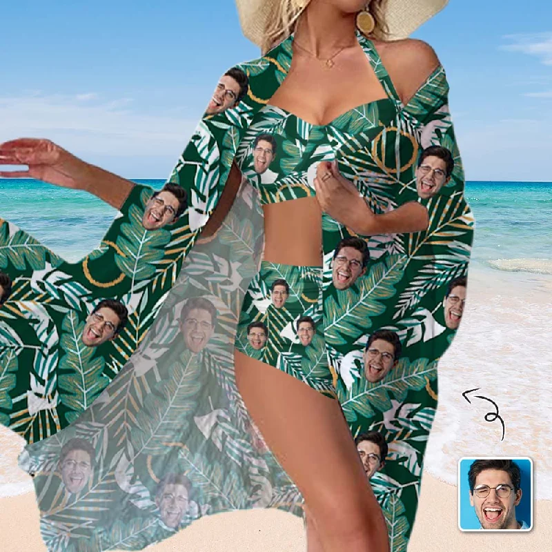 Custom Face Banana Leaves Women's Bikini Swimsuit Long Short Kimono Chiffon Blouse Set Sharp Women's Italian