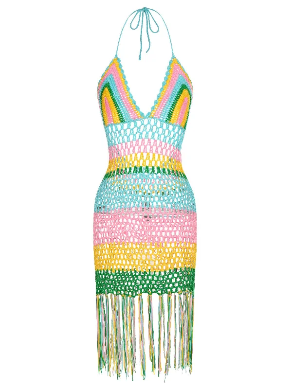 1960s Handmade Crochet Tassel Halter Cover-Up Elegant Women's Formal 