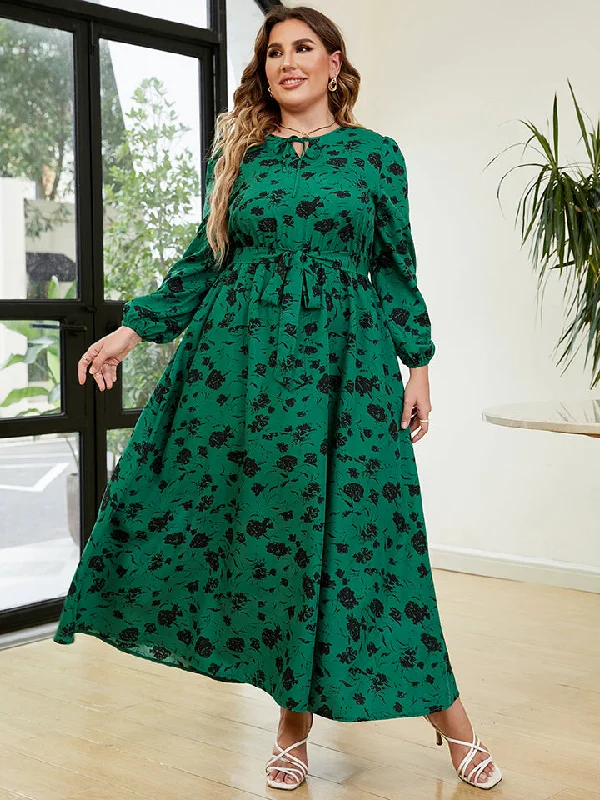 Plus Size Printed Long Sleeve Tie Neck Dress garde