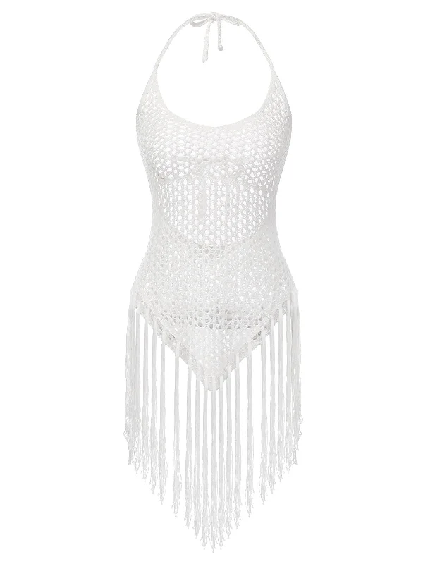 White 1960s Grid Halter Cover Up Relaxed Women's 
