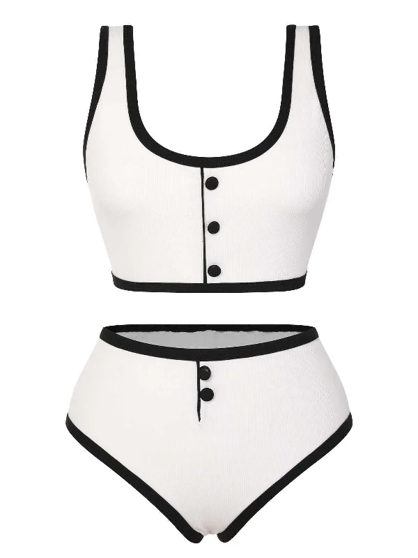 White 1930s Knit Contrast Swimsuit Cashmere