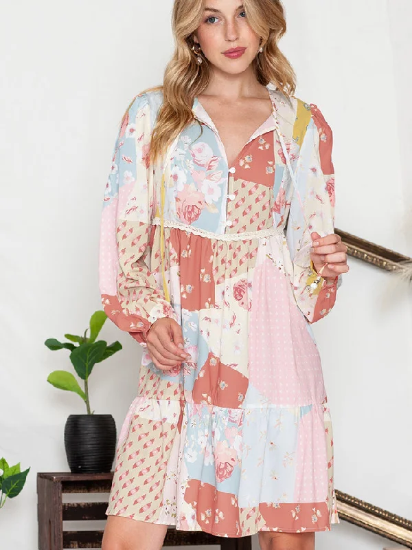 Printed Tie Neck Long Sleeve Dress Monochromatic Office Style