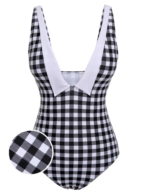 Black & White 1950s Plaid One-Piece Swimsuit Casual Women's Japanese 