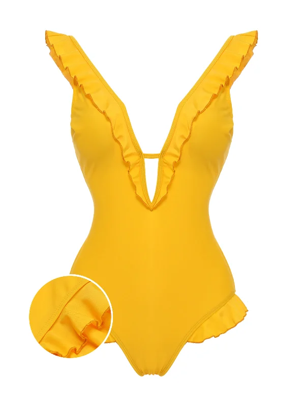 Yellow 1930s V-Neck One-piece Swimsuit Sporty Women's Athleisure 