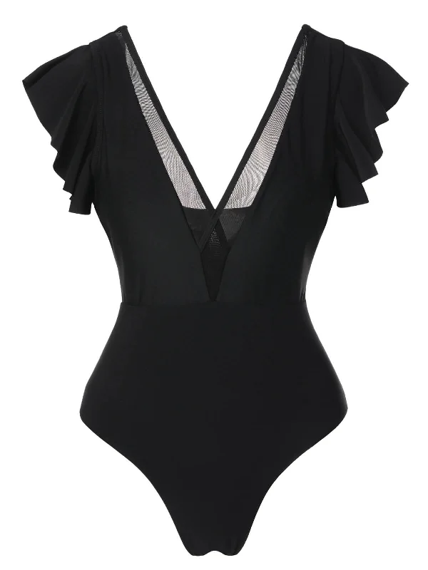 Black 1950s Solid Ruffle Sleeve One-Piece Swimsuit Bohemian Women's Free