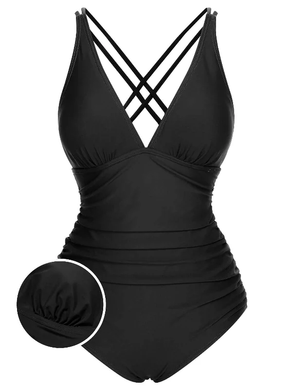 1950s Solid V-Neck One-Piece Swimsuit Sharp Women's Italian