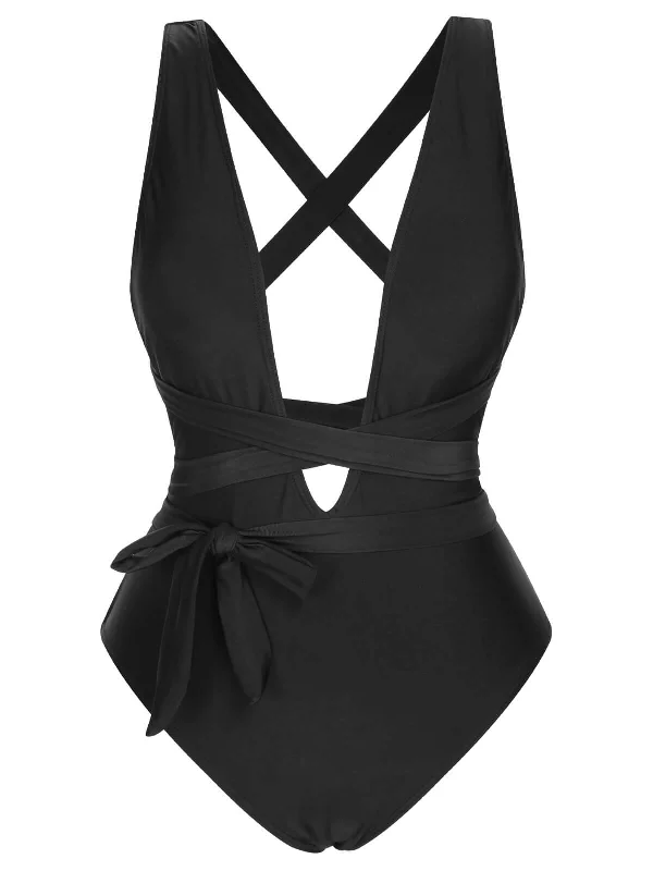 Black 1960s Solid Deep V-Neck Bandage Swimsuit Minimalist Women's Casual