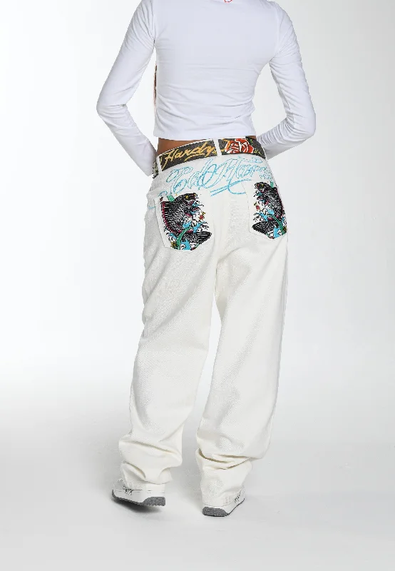 Womens Koi Island Relaxed Denim Trousers Jeans - White Sophisticated Women's 