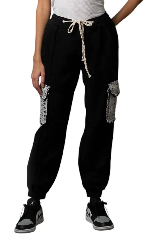 Jogger Denim Pants With Crochet Lace Pocket In Black Trendy Women's 