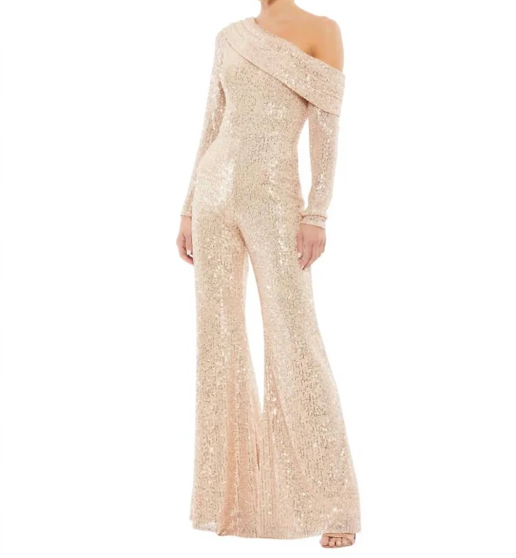 Off Shoulder Sequin Flared Jumpsuit In Rose Gold Business