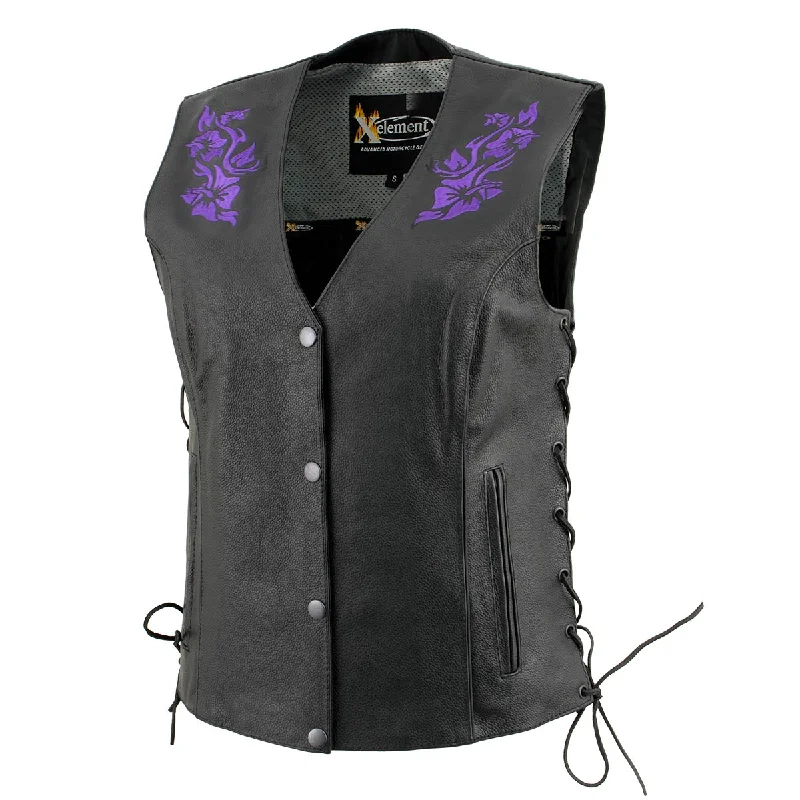 Xelement XS24005 Women's ‘Gemma’ Black and Purple Motorcycle Rider Leather Vest with Side Laces Country Xelement XS24005 Women's ‘Gemma’ Black and Purple Motorcycle Rider Leather Vest with Side Laces Country
