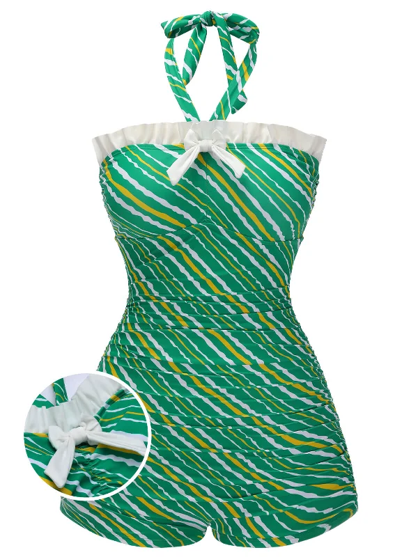 Green 1930s Stripe Off-Shoulder Halter Swimsuit Sophisticated Women's 