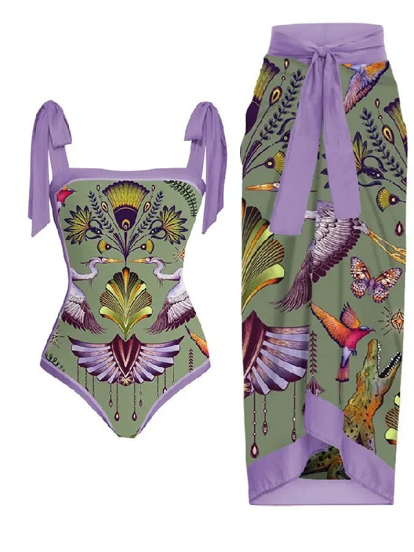 1950s Forest Animals Lace-up Swimsuit & Cover-up Polished Women's Silk