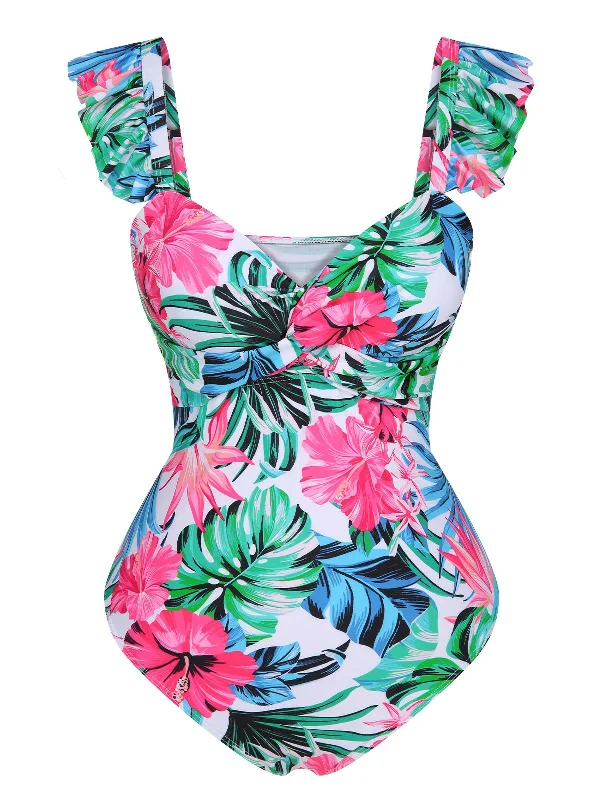 Multicolor 1960s Tropical Plants Ruffles Swimsuit Elegant Women's 