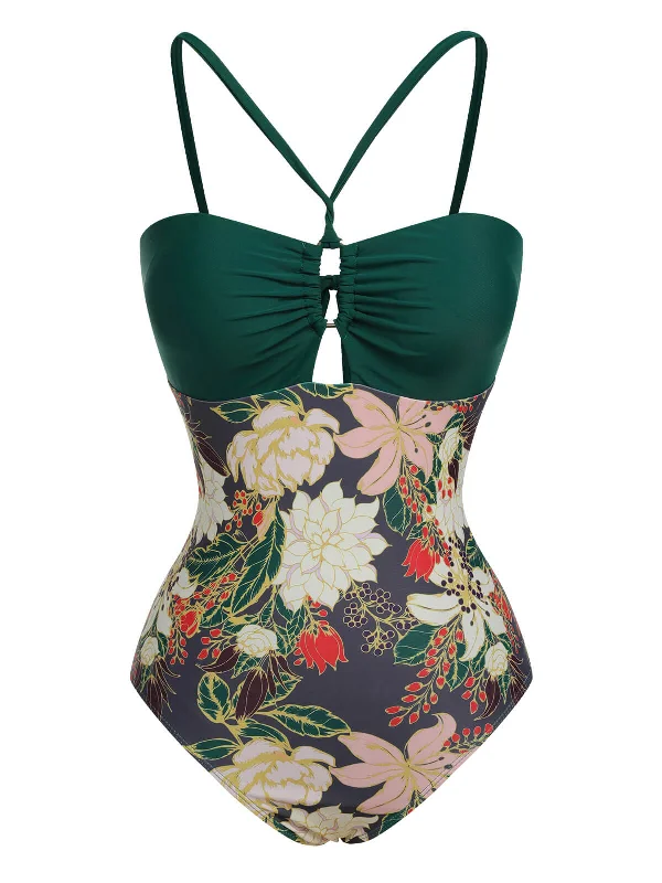 Multicolor 1960s Floral Halter One-Piece Swimsuit Practical Women's Multi - 