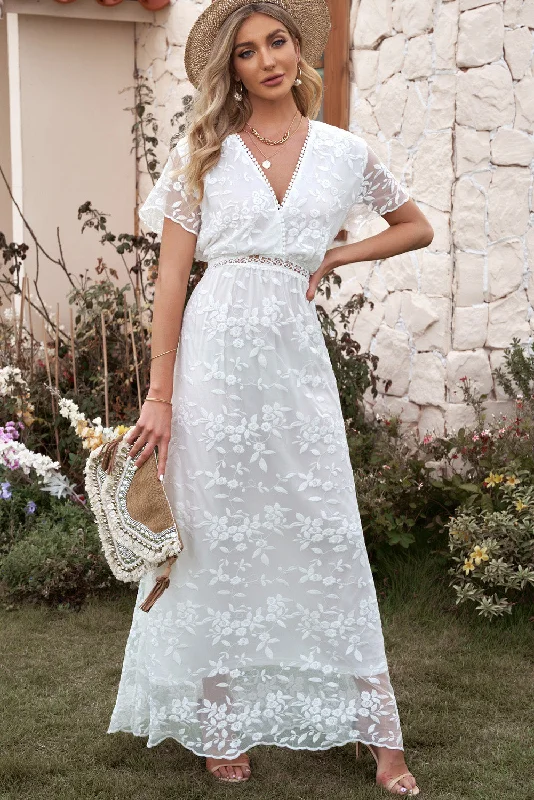 Embroidered Short Sleeve Surplice Neck Maxi Dress Athletic Women's 