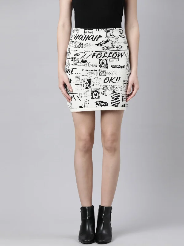 Women Abstract Cream Pencil Mini Skirt Bohemian Women's Free