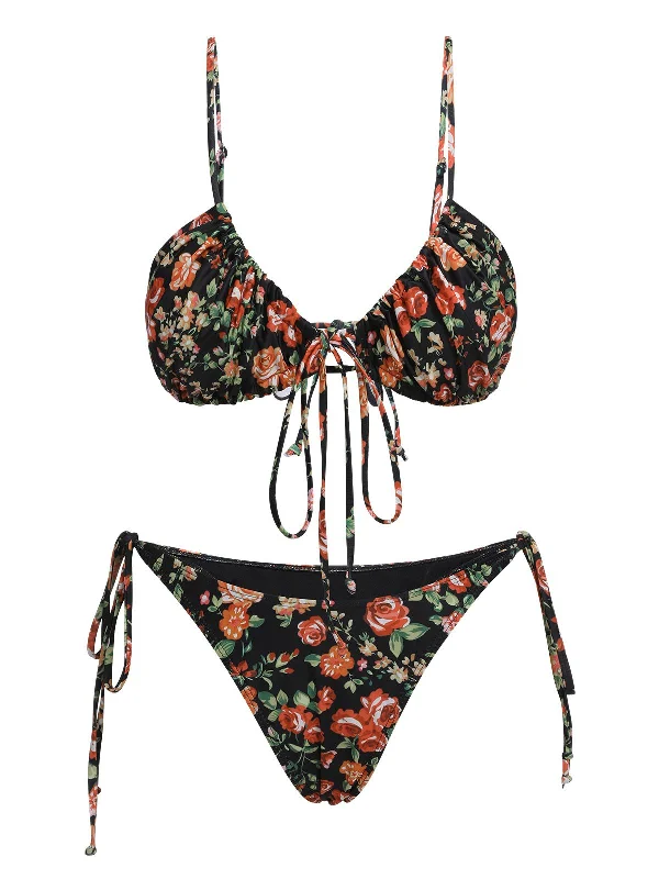 1950s Floral Lace-Up Spaghetti Strap Bikini Set Youthful Women's Pop