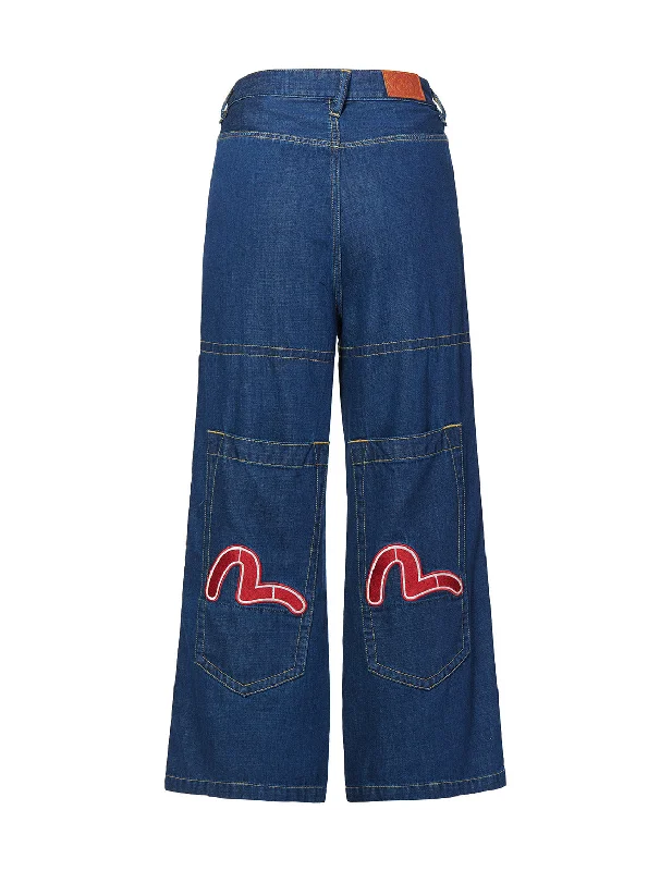 Denim Culottes with Seagull Embroidered Huge Pockets Gym