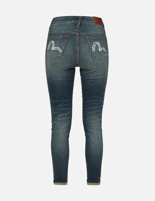 Graffiti Daruma and Logo-pattern Seagull Skinny Jeans Youthful Women's Pop